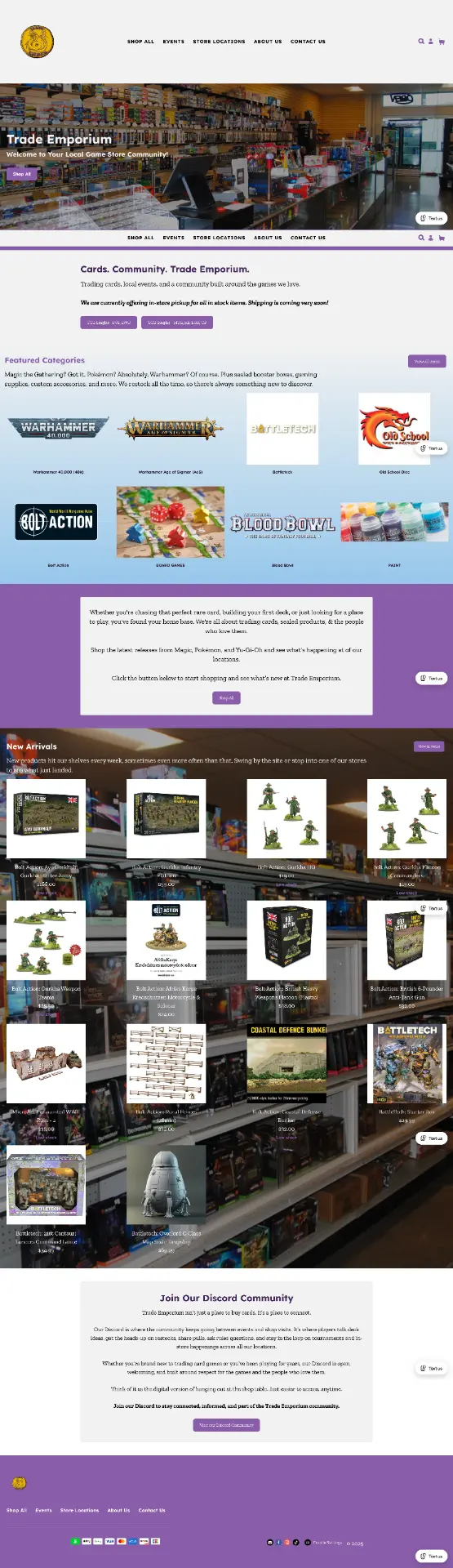 Homepage of the Trade Emporium game store website designed by Gossamer Admin + Design