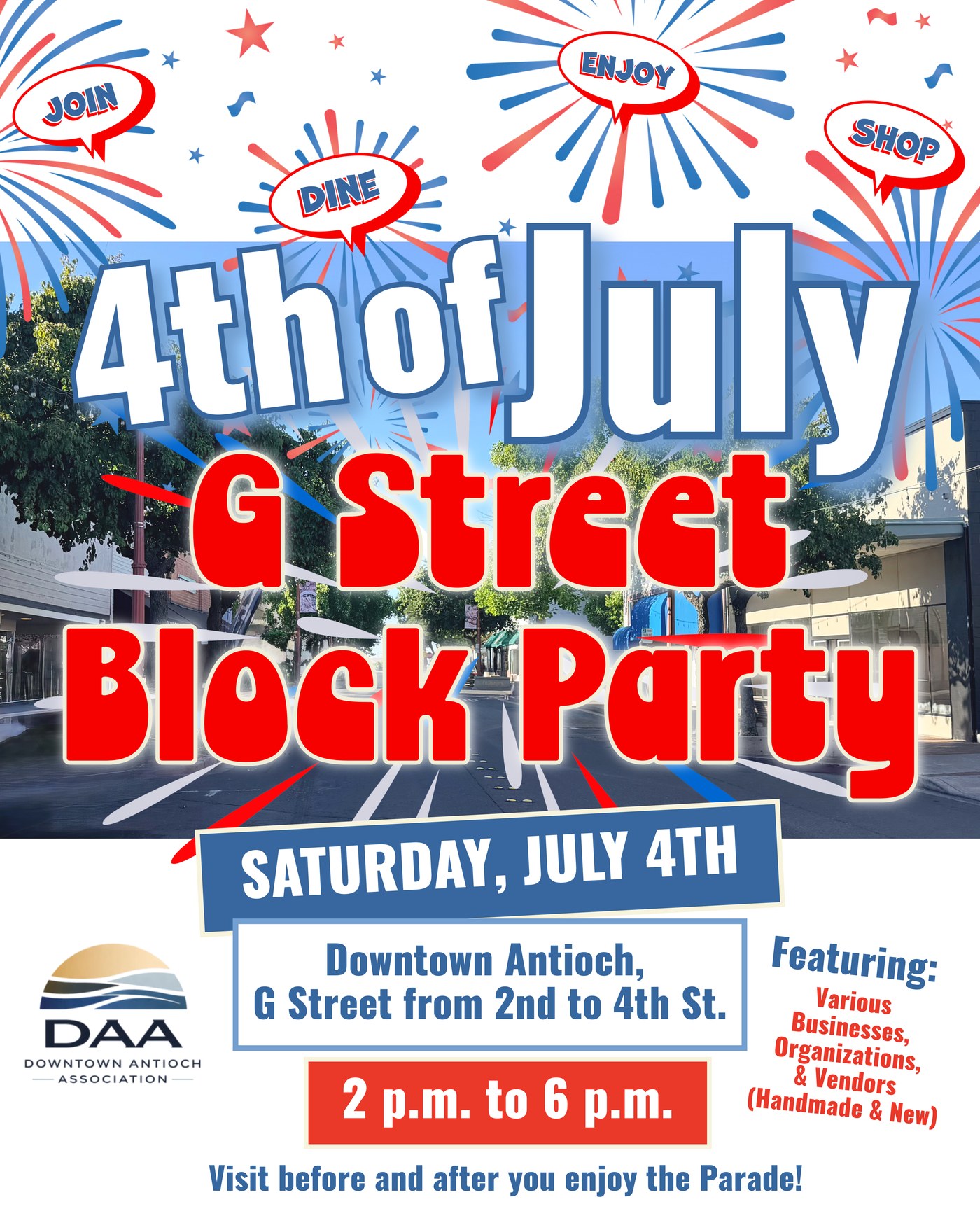 Event flyer for the Downtown Antioch Association 4th of July G Street Block Party