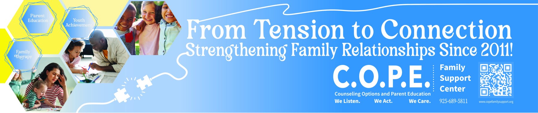 Wide transit banner artwork reading From Tension to Connection for C.O.P.E. Family Support Center