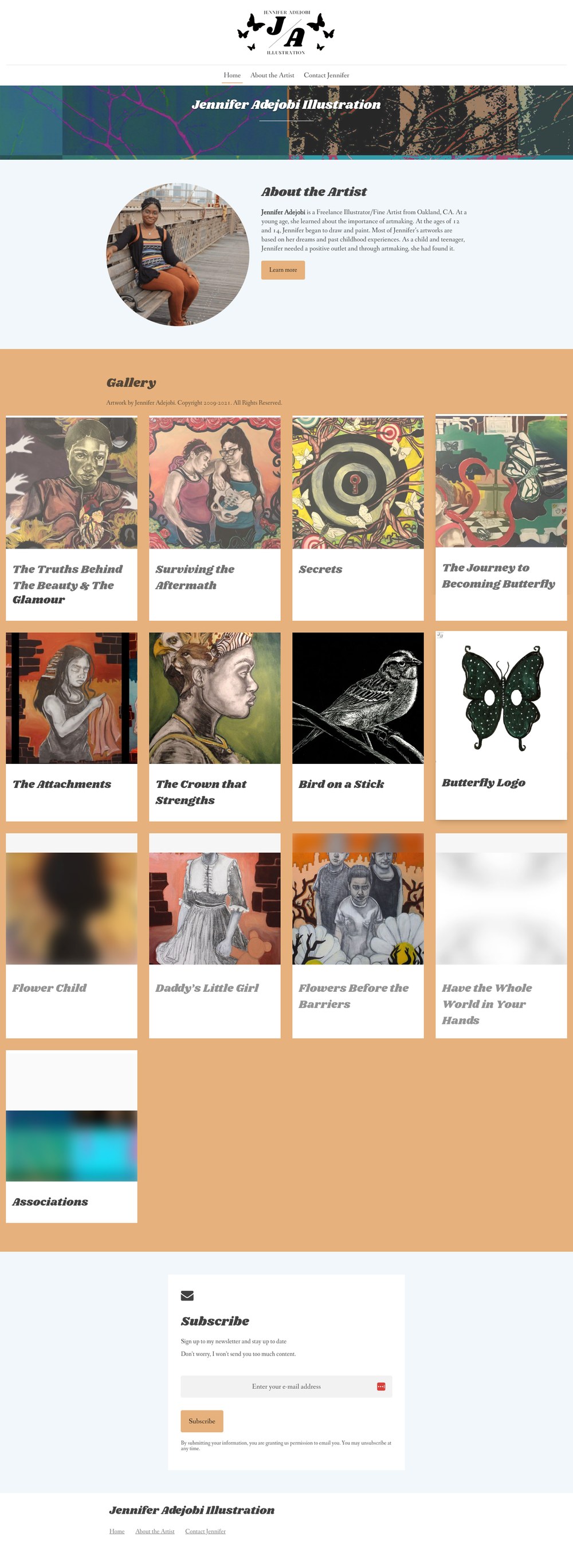Homepage of the Jennifer Adejobi Illustration portfolio website designed by Gossamer Admin + Design