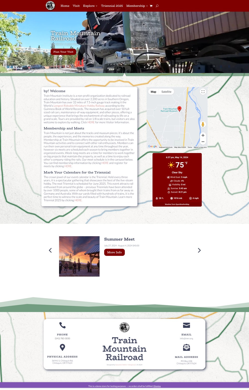 Homepage of the Train Mountain Railroad website designed by Gossamer Admin + Design