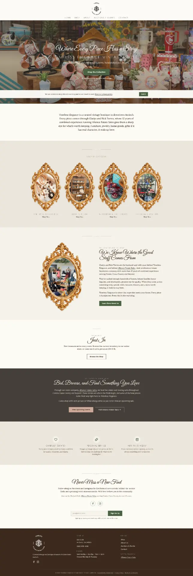 Homepage of the Timeless Elegance Vintage Store website designed by Gossamer Admin + Design