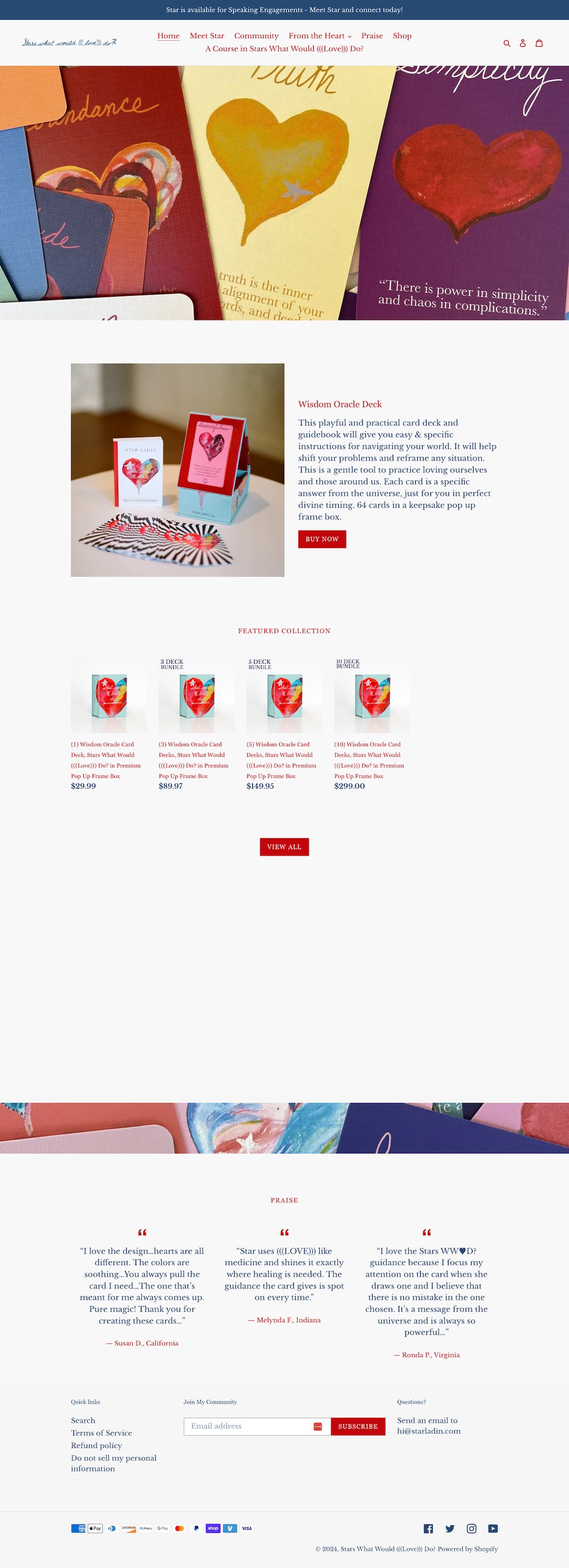 Homepage of the Stars What Would Love Do online shop designed by Gossamer Admin + Design
